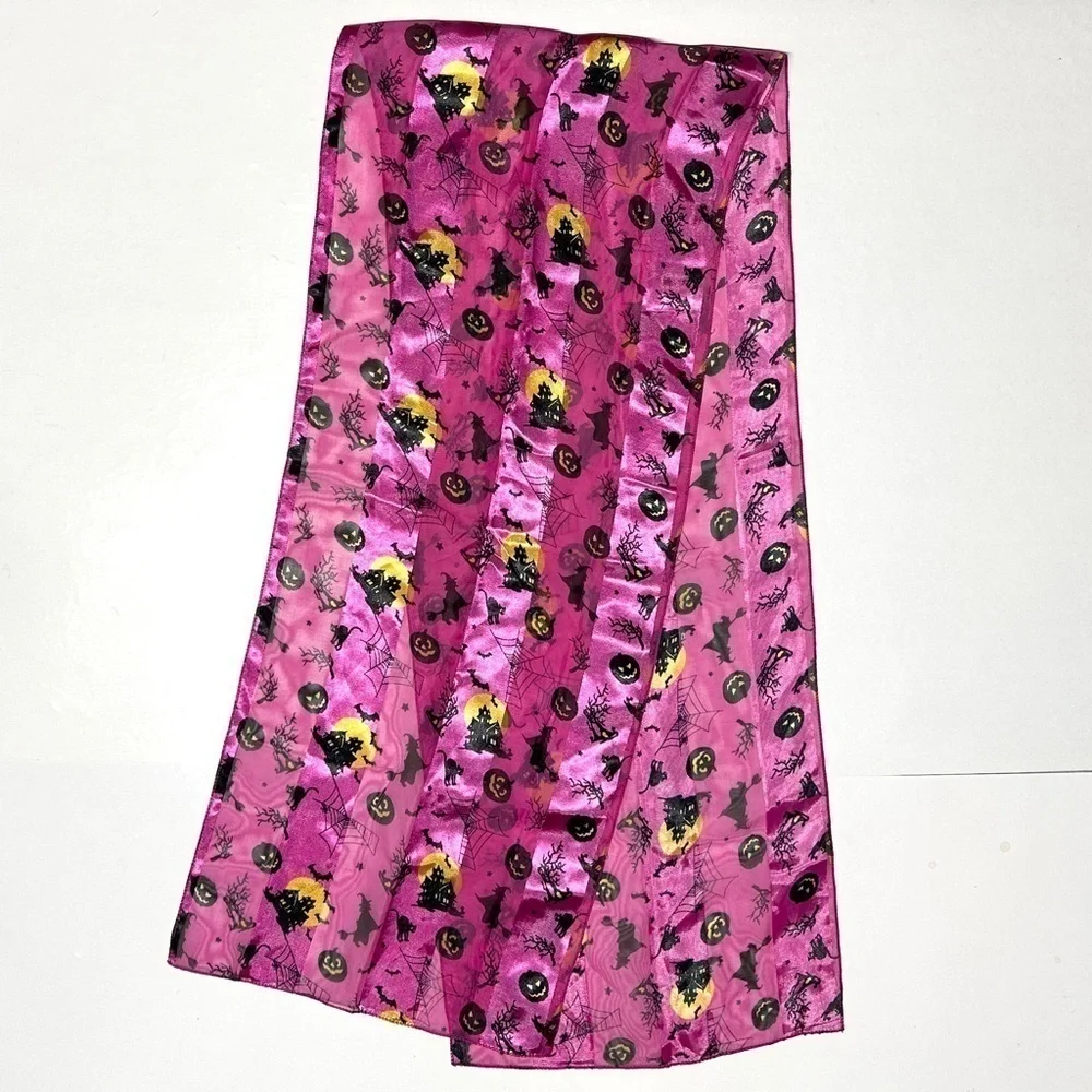 Purple Satin Halloween Scarf Witch Pumpkin Cat Bat Web 61x11.75” Rectangle
